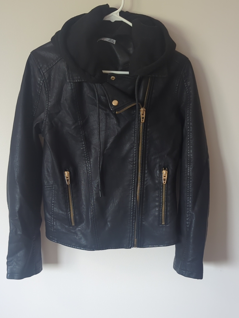 Dex Women’s Black Faux Leather Moto Jacket with Hood
